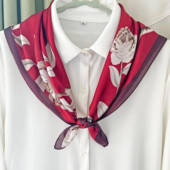 Silk Feeling Scarf Medium Square Satin Head 03 Red Flowers - Picture 6 of 7